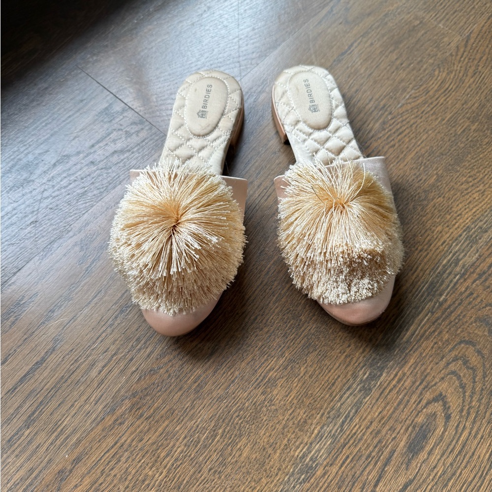 Birdies Cream Mules with Decorative Pom-Poms